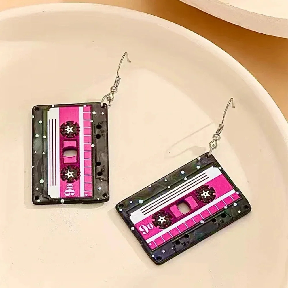 Cassette Tape Black&Pink Dangle Acrylic Earrings NEW